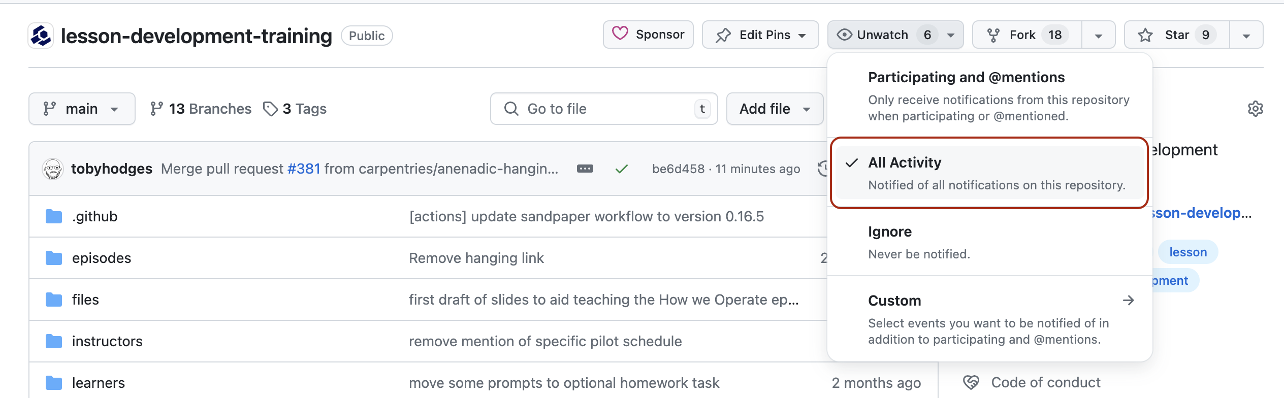 GitHub's different notification settings menu when watching repository events with 'All Activity' highlighted