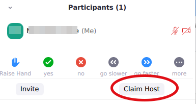 Screenshot of zoom, with claim host circled in red, indicating how to claim host.