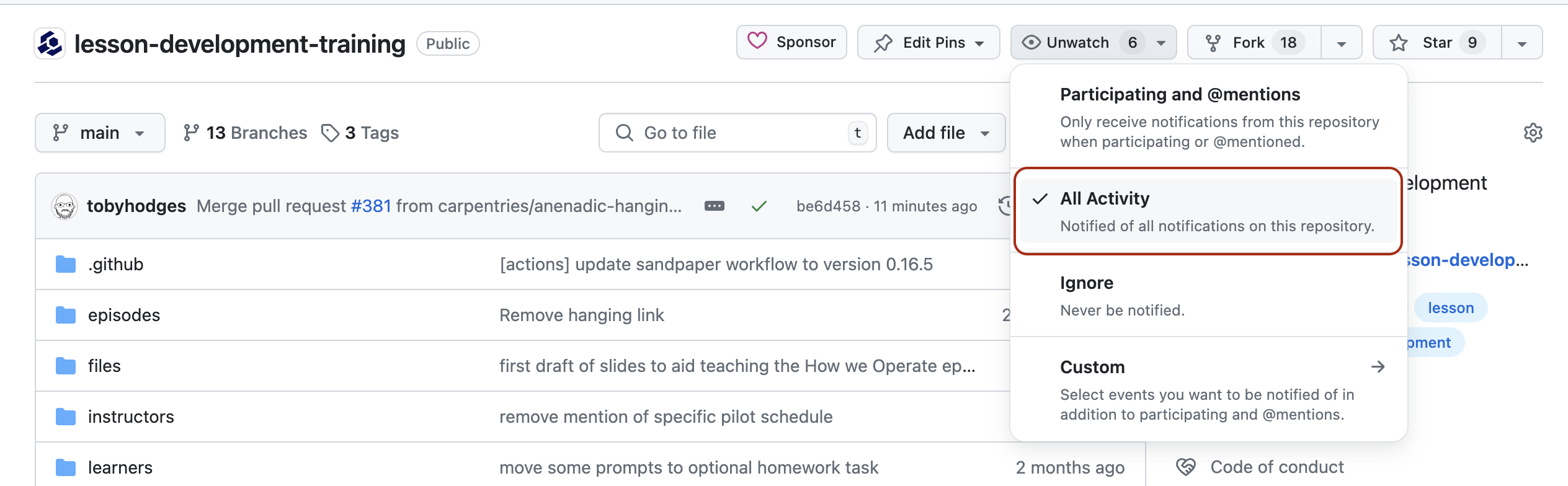 GitHub's different notification settings when watching repository events with 'All Activity' highlighted