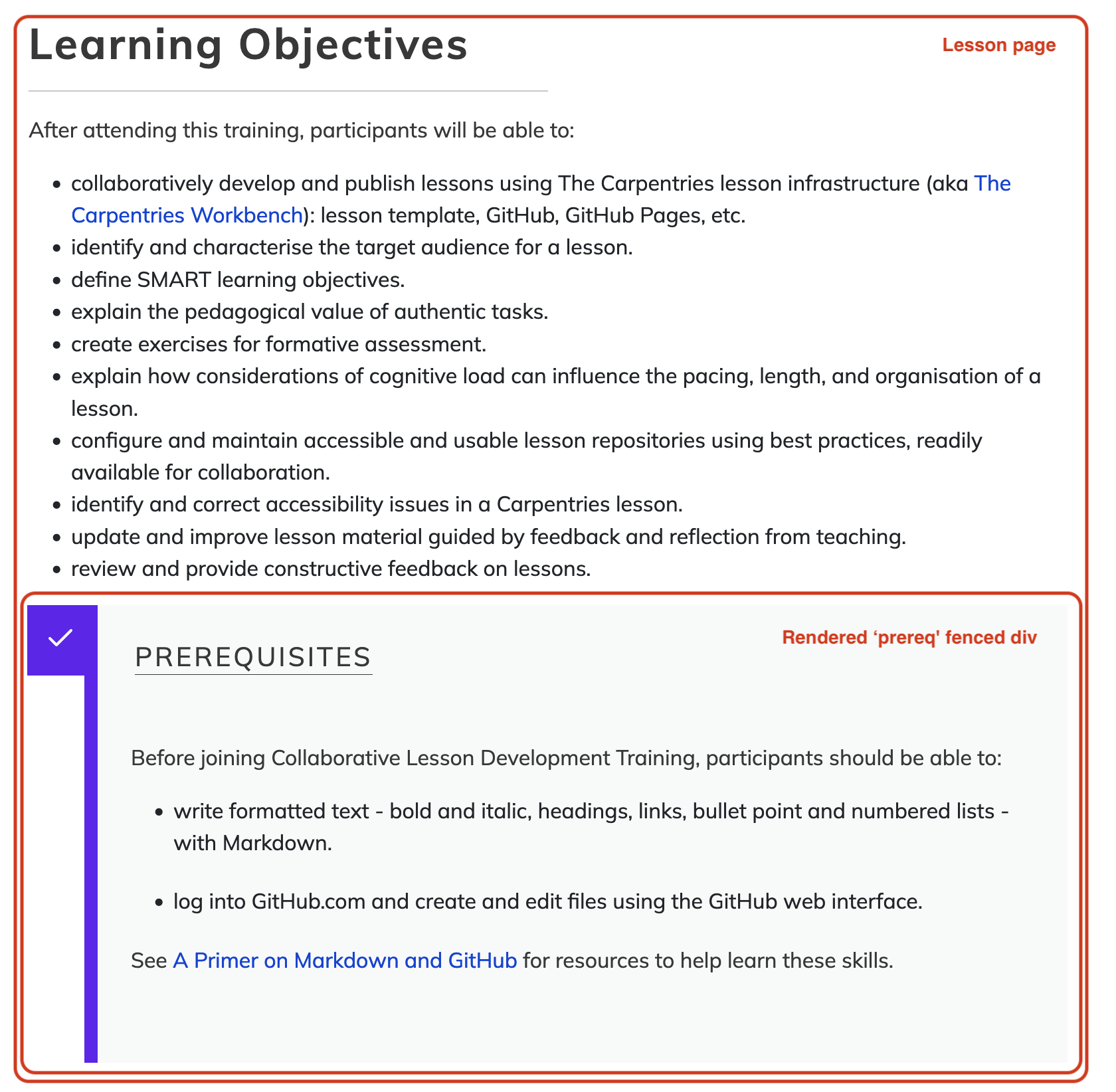 Lesson prerequisite fenced div structural block as rendered in a Web page by the Workbench