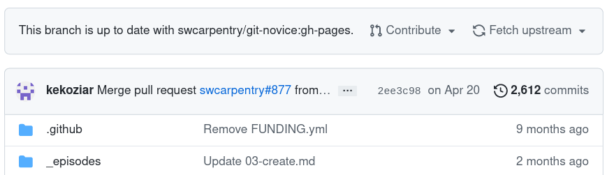 Screenshot of grey box above a file list on github that says "This branch is up to date with swcarpentry/git-novice:gh-pages." It has two buttons, one labelled "Contribute" and the other labelled "Fetch Upstream"