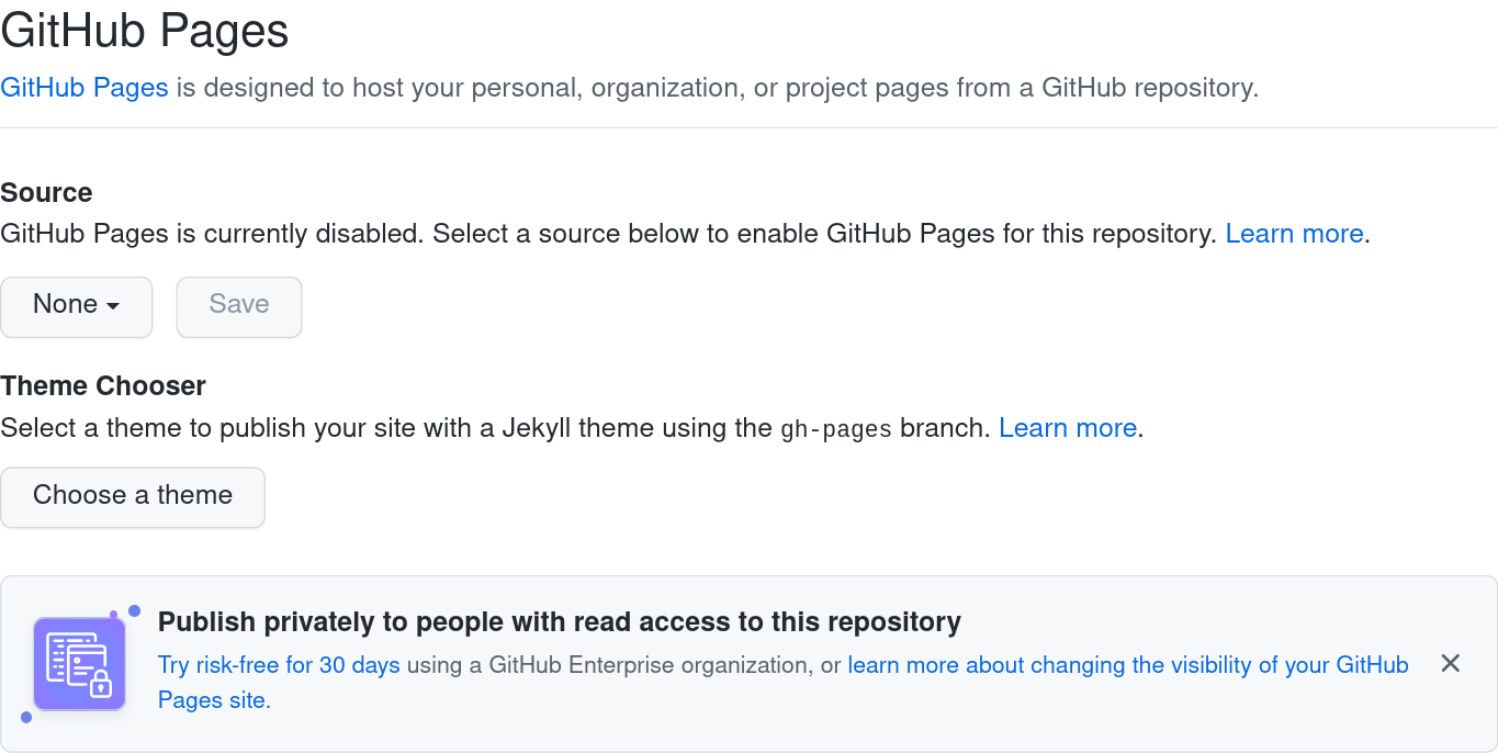 screencapture of the initial view of the GitHub Pages section of the settings tab