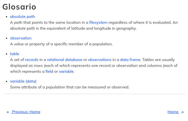 Screenshot of a lesson with Glosario links in the Glossary reference page.