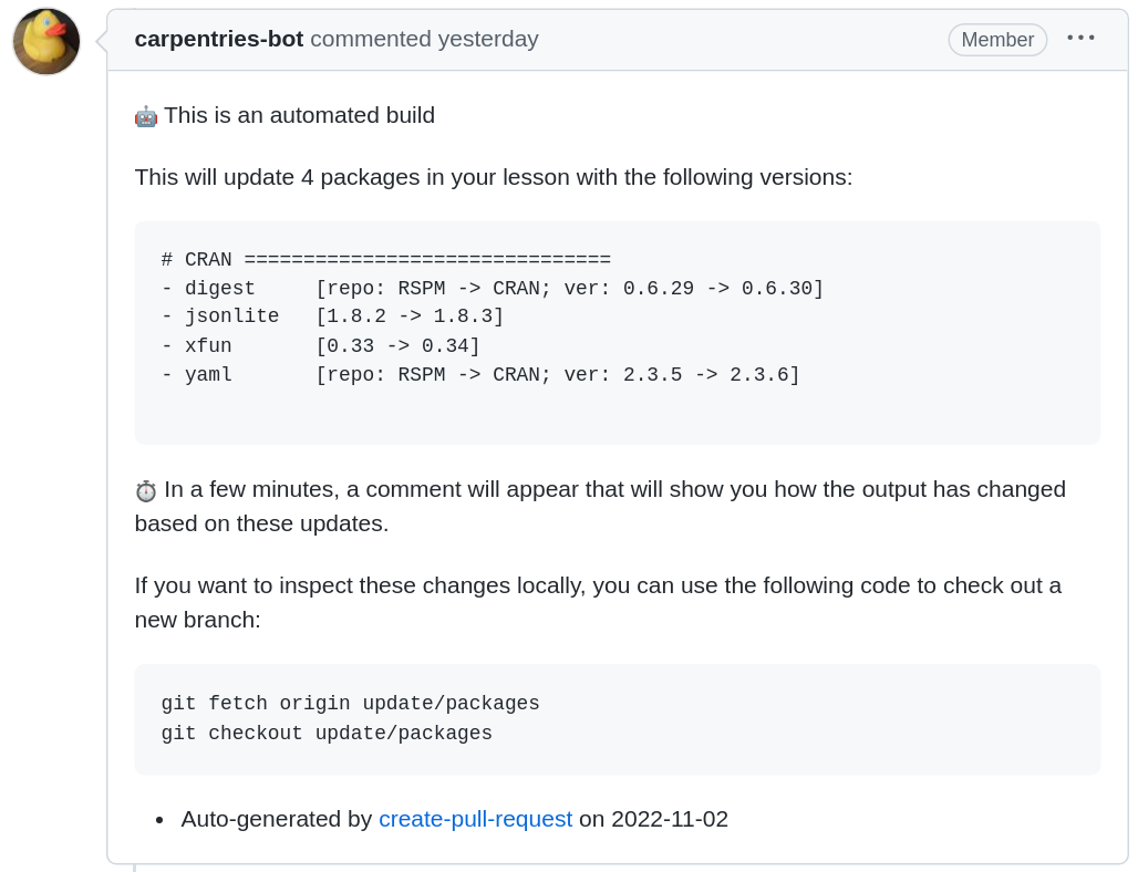 Screen shot of the apprentice bot  commenting that package versions have been updated in the lesson (e.g. knitr version changing from 1.33 to 1.34). It indicates that a comment will appear in a few minutes to show what has changed.