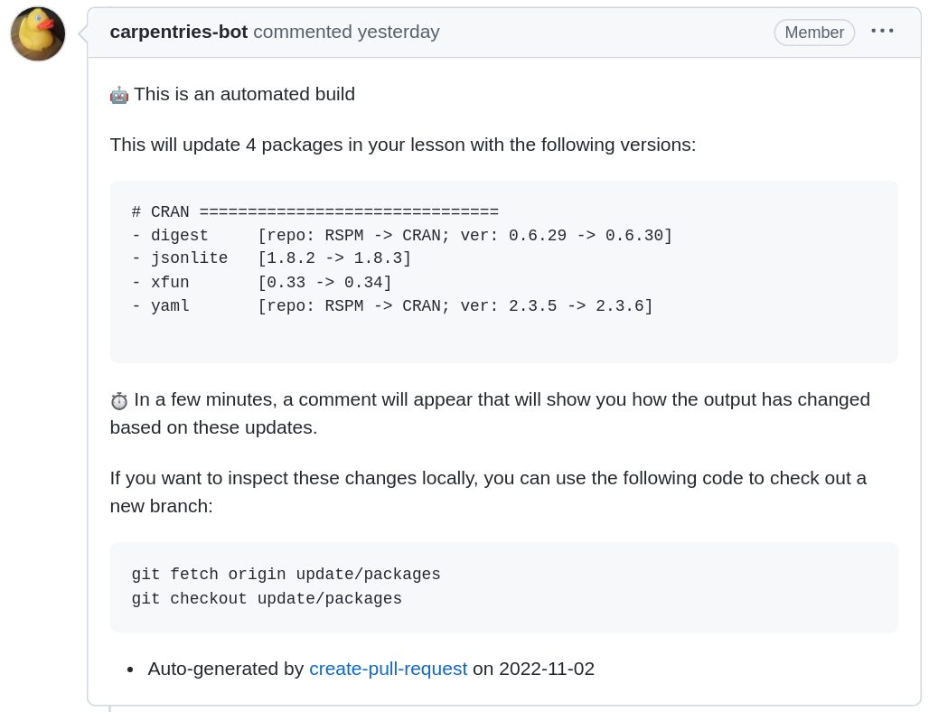 Screen shot of the apprentice bot commenting that package versions have been updated in the lesson (e.g. xfun version changing from 0.33 to 0.34). It indicates that a comment will appear in a few minutes to show what has changed.