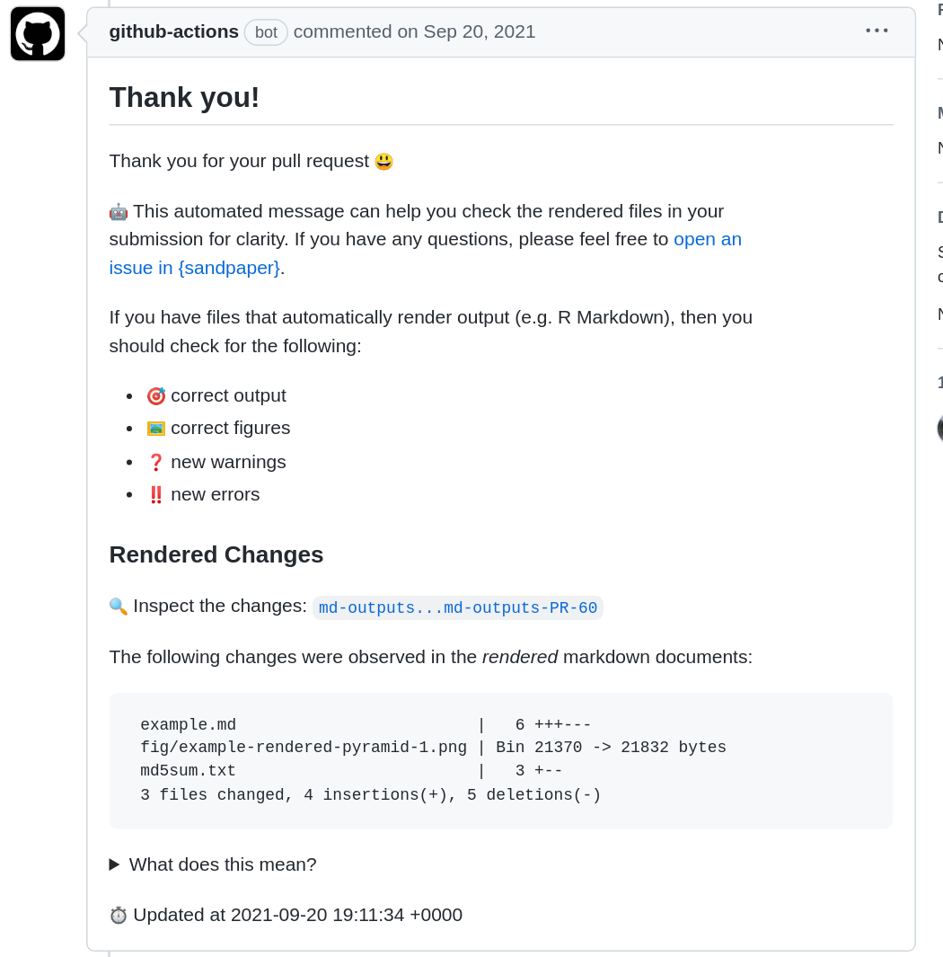 Screenshot of GitHub bot comment informing you  the message is automated, that you should check for accuracy of rendered output, and that there were 3 files changed in the rendered markdown documents.