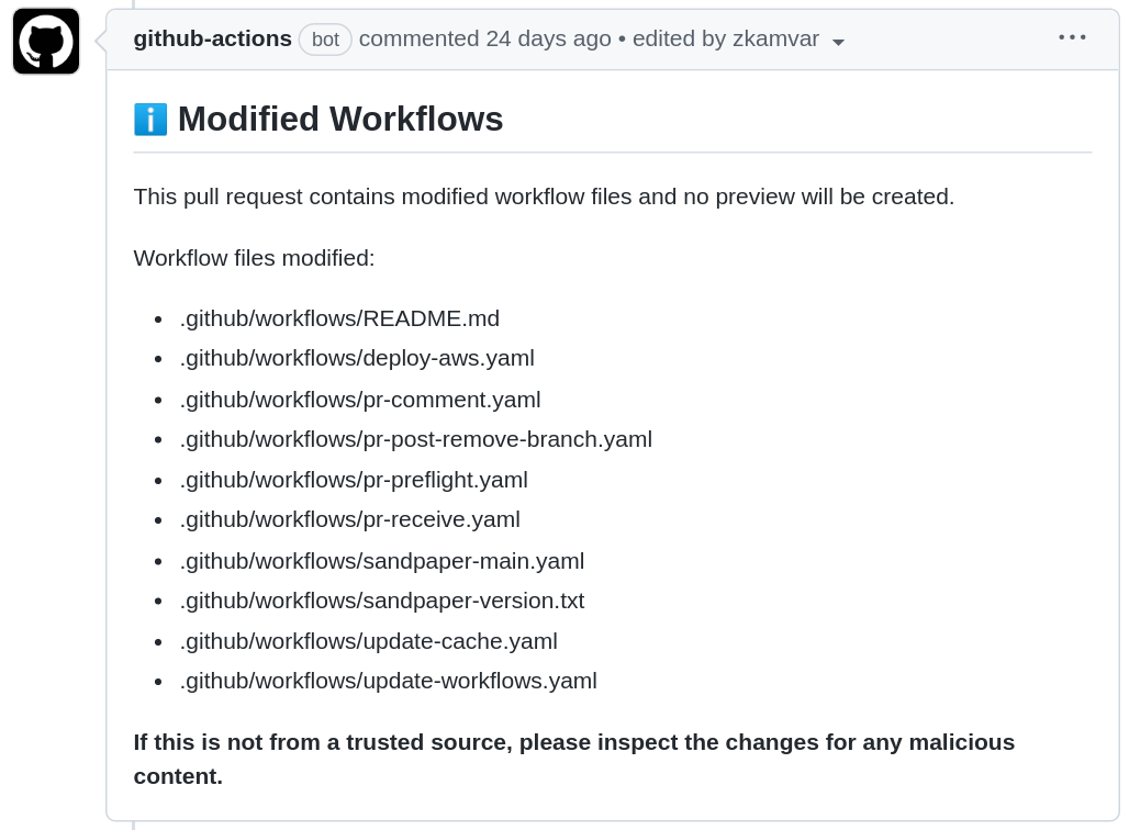 Screen shot of the github-actions bot commenting with 'Pull Request contains modified workflows; no preview will be  created.'