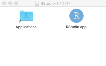 Installation window for RStudio on mac showing two items on a plain background: the Applications folder on the left and the RStudio icon on the right.