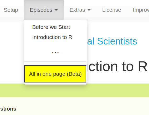 cropped screenshot of episodes dropdown navigation menu where "All in one page (beta)" has been highlighted