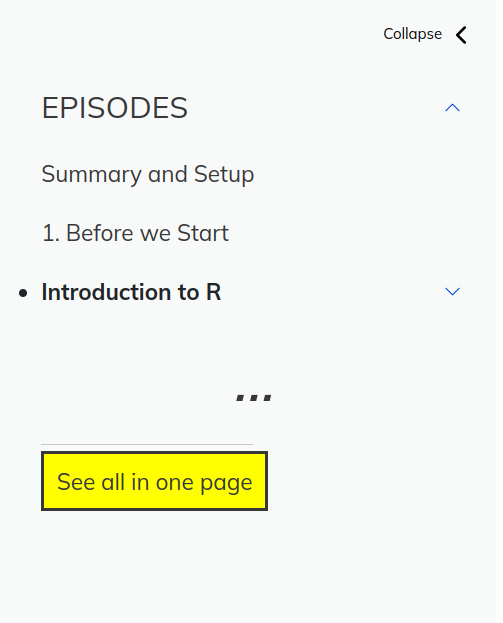 screenshot of side navigation bar with episodes collapsed into an ellipsis, highlighting the "See all in one page" link
