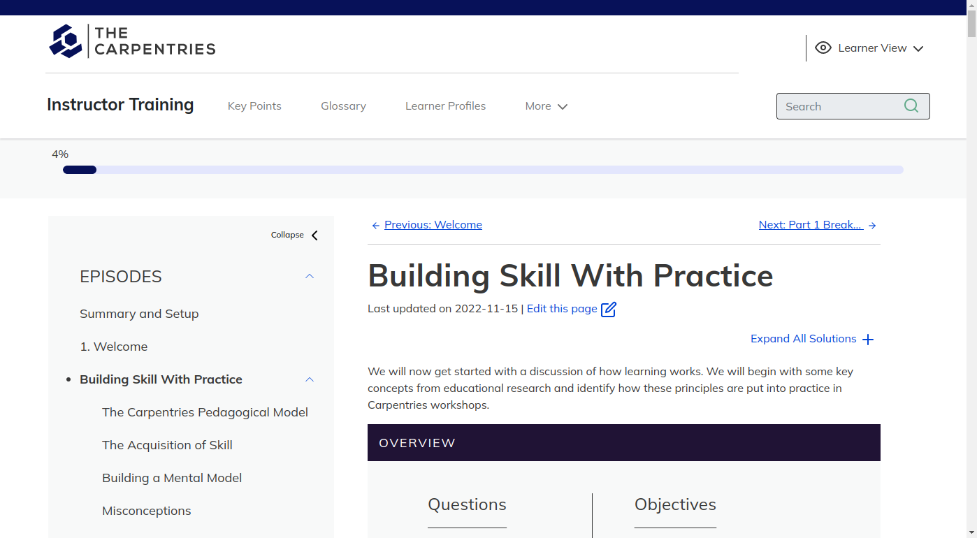 screenshot of the 'Building Skill with Practice' episode of the Instructor Training lesson