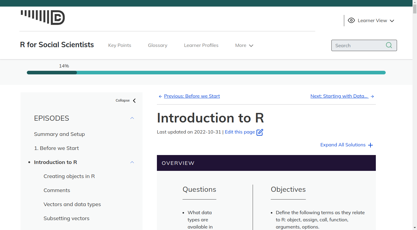 screenshot of the 'Introduction to R' episode of the Library Carpentry R for Social Scientists lesson