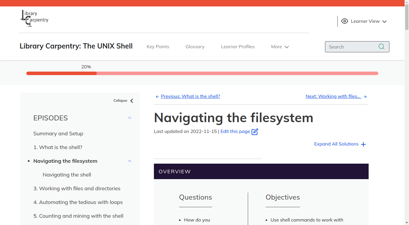 screenshot of the 'Navigating the Filesystem' episode of the Library Carpentry Shell lesson