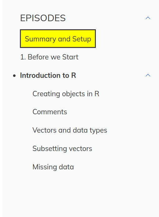 zoomed in screenshot of side navigation of a workbench episode showing "Summary and Setup" highlighted